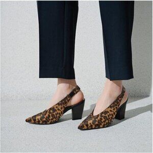 FOWT Leopard V-Cut Slingback Elegant Pointy Toe Backless Block High Heels Shoes